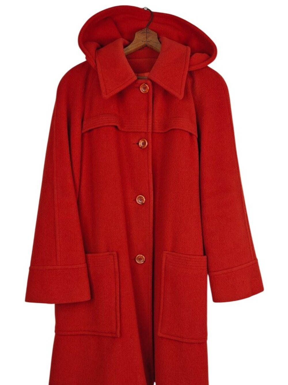 Vintage Women's Red Orange Wool Hooded Coat Size M Button-Up Union Made USA
